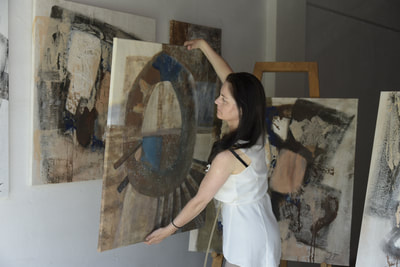 abstract art, painting on canvas, beige, brown, blue, by Josefa Trimmel Tscharmann